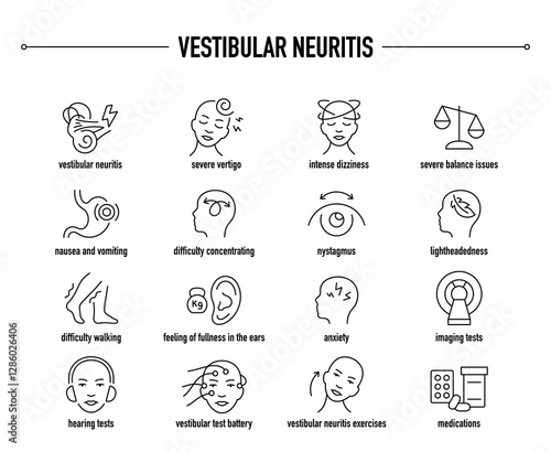 Vestibular Neuritis symptoms, diagnostic and treatment vector icon set. Line editable medical icons.