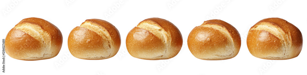 Five freshly baked bread rolls aligned in a row Five freshly baked bread rolls aligned in a row