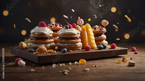 Fruit Cake and Pastries in a Christmas Theme with Sweet Cream