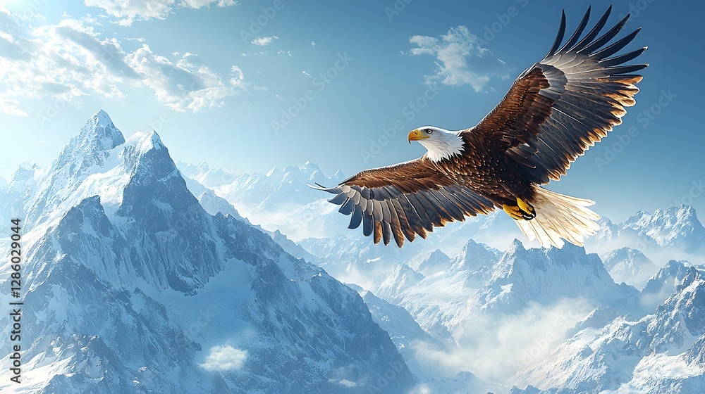 Obraz premium Majestic Eagle Soaring Over Snow Capped Mountain Peaks Under Serene Blue Sky