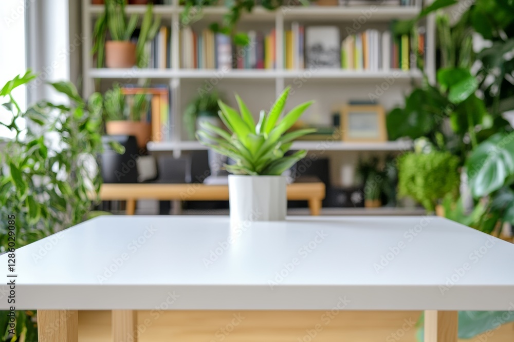 Fototapeta premium Bright white rectangular wooden table with overhead lighting and blurred office background featuring desk, bookshelves, and plants 