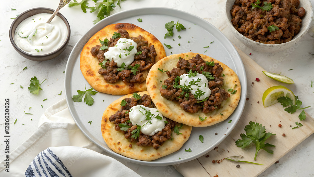 Ground lamb flatbreads served with yogurt, presented in a top-down view. Ground lamb flatbreads served with yogurt, presented in a top-down view.