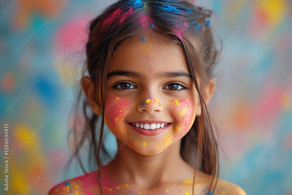 Joyful Child Celebrating Holi with Bright Colors on Face and Festive Background Joyful Child Celebrating Holi with Bright Colors on Face and Festive Background