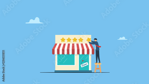 Small business owner, entrepreneur put a star. 5 Stars review, customer feedback evaluation, best quality or satisfaction, opinion, best rating reputation or online positive review concept.