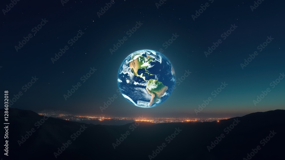 Naklejka premium Earth Hour logo, Earth Hour logo glowing softly under a starry night sky with dimmed city lights front view serene mood
