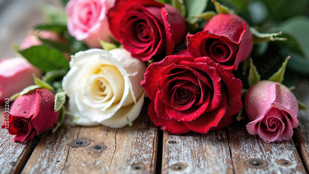 Vibrant Roses for Mother's Day: Fresh Floral Arrangement on Rustic Wood Table for Greeting Cards and Marketing Vibrant Roses for Mother's Day: Fresh Floral Arrangement on Rustic Wood Table for Greeting Cards and Marketing