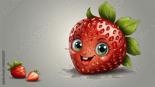 Cartoon Strawberry with Face, Background Grey,  Possible Stock Photo Use photo