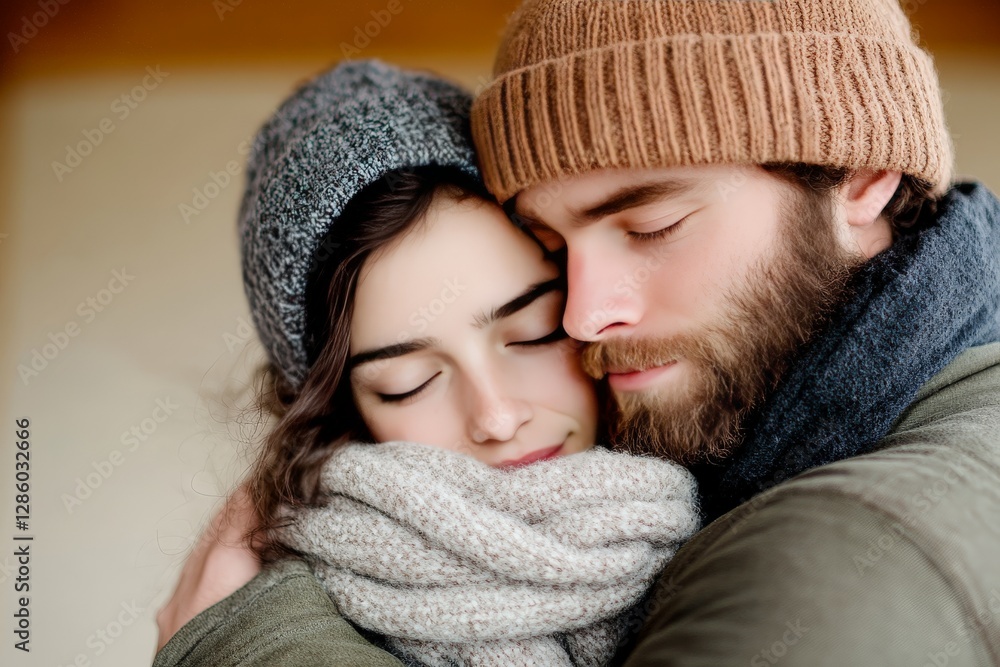 Cozy winter couple in warm knitwear embracing affectionately in soft golden light with blurred snowy background exuding warmth intimacy and seasonal romance in emotional stock photo Cozy winter couple in warm knitwear embracing affectionately in soft golden light with blurred snowy background exuding warmth intimacy and seasonal romance in emotional stock photo