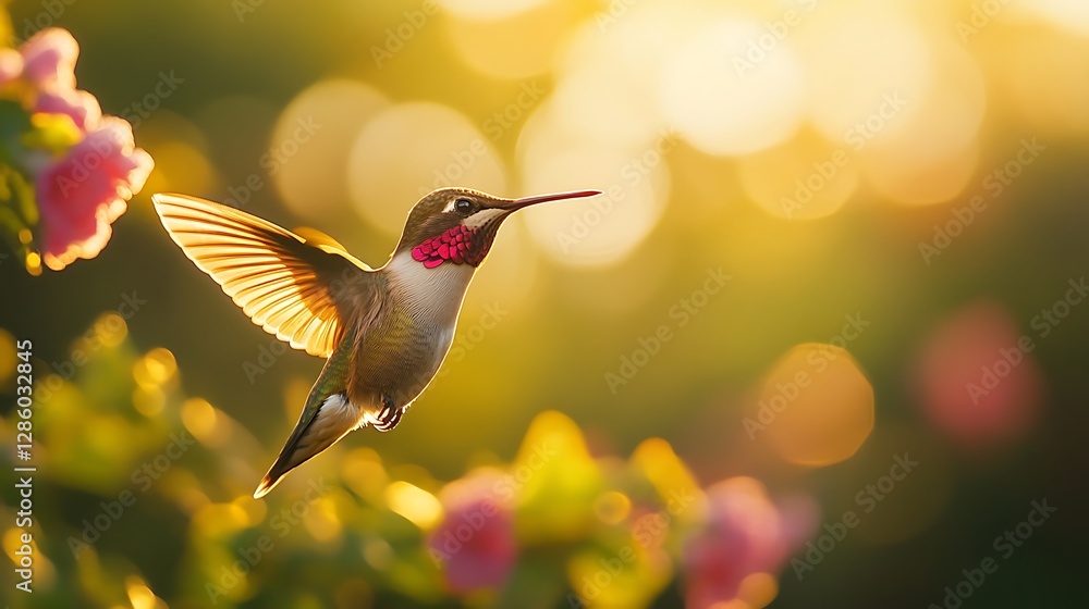 Fototapeta premium Hummingbird in flight, sunset, flowers.