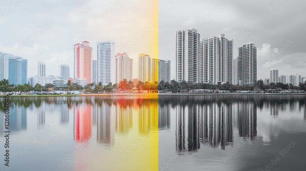 Fototapeta premium Urban Reflection: A Cityscape Divided by Color and Tone