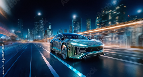 Futuristic car with circuit board design speeding through a vibrant city at night, illuminated by bright lights and motion blur, showcasing advanced technology.
