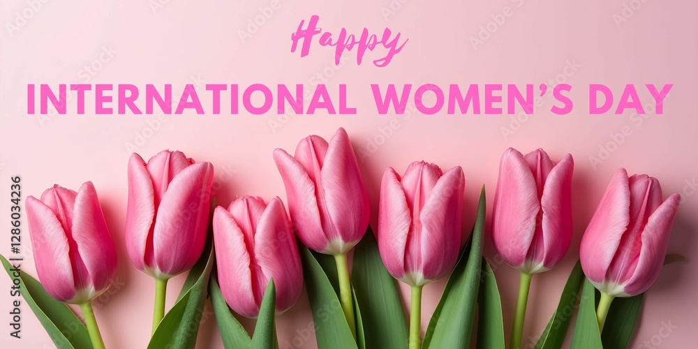 Fototapeta premium Stylish banner, greeting card with the inscription “Happy International Women's Day” with a bouquet of pink tulips on a pink background. Concept International Women's Day.