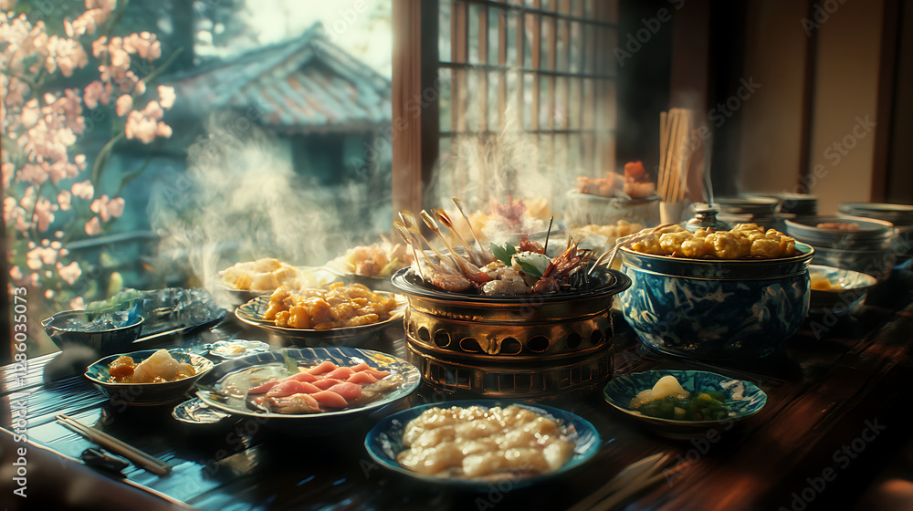 a luxurious meal with oden as the main menu, anime themed a luxurious meal with oden as the main menu, anime themed