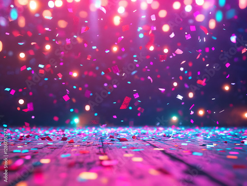 Vibrant confetti falling on dance floor with neon lights, party celebration energy, festive nightlife ambiance, colorful club event, music and fun atmosphere
