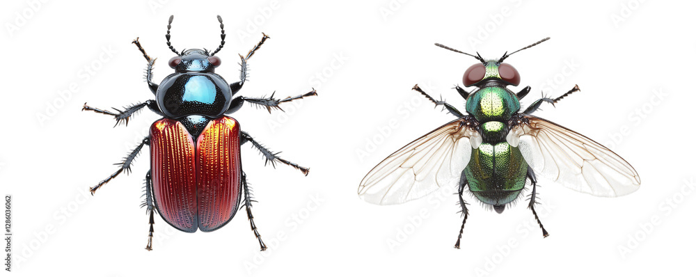Detailed insect comparison: shiny beetle and metallic fly side by side Detailed insect comparison: shiny beetle and metallic fly side by side
