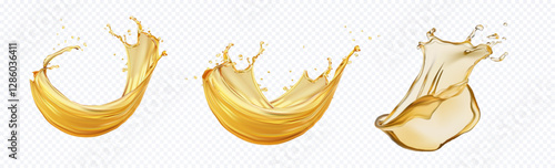 3D Golden liquid splash isolated. Vibrant golden oil splashes flow in smooth, wave-like shapes, delivering a realistically dynamic effect. Perfect for packaging, branding, or advertising in culinary.