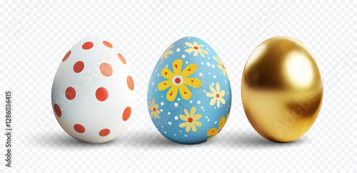 3d Colorful Easter eggs adorned with playful polka dots, bright floral patterns, and a shiny gold finish—ideal for spring celebrations, festive decor, or holiday greetings.
