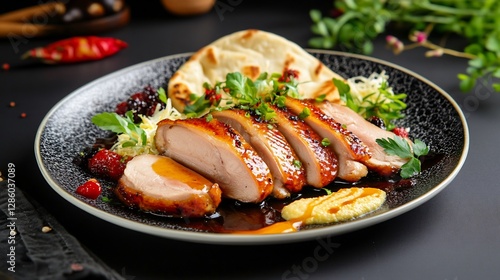 Roasted chicken slices with naan and salad; gourmet dish photo