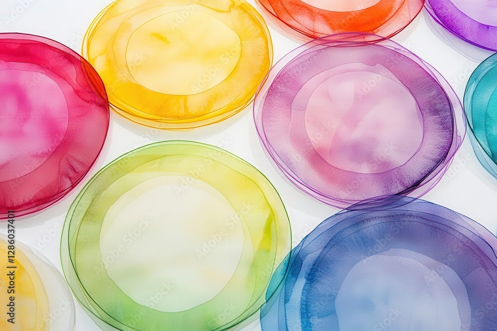 vibrant watercolor circles blend and overlap creating ethereal rainbow patterns with translucent edges dissolving into pure white space vibrant watercolor circles blend and overlap creating ethereal rainbow patterns with translucent edges dissolving into pure white space