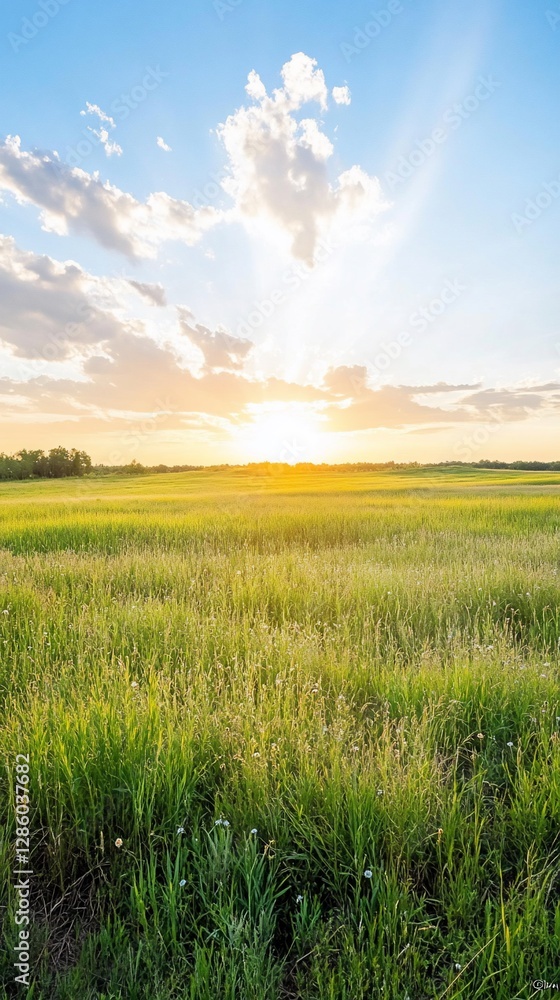 Sunset over golden field, peaceful nature Sunset over golden field, peaceful nature