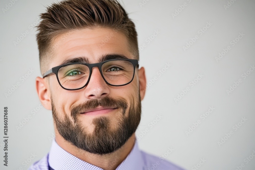 Handsome man with stylish glasses and neatly groomed beard in smart casual attire against a light background exuding intelligence and sophistication Handsome man with stylish glasses and neatly groomed beard in smart casual attire against a light background exuding intelligence and sophistication