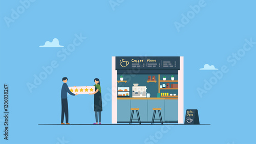 Customer gives five stars to coffee shop owner. 5 Stars review, customer feedback evaluation, best quality or satisfaction, opinion, best rating reputation or online positive review concept.