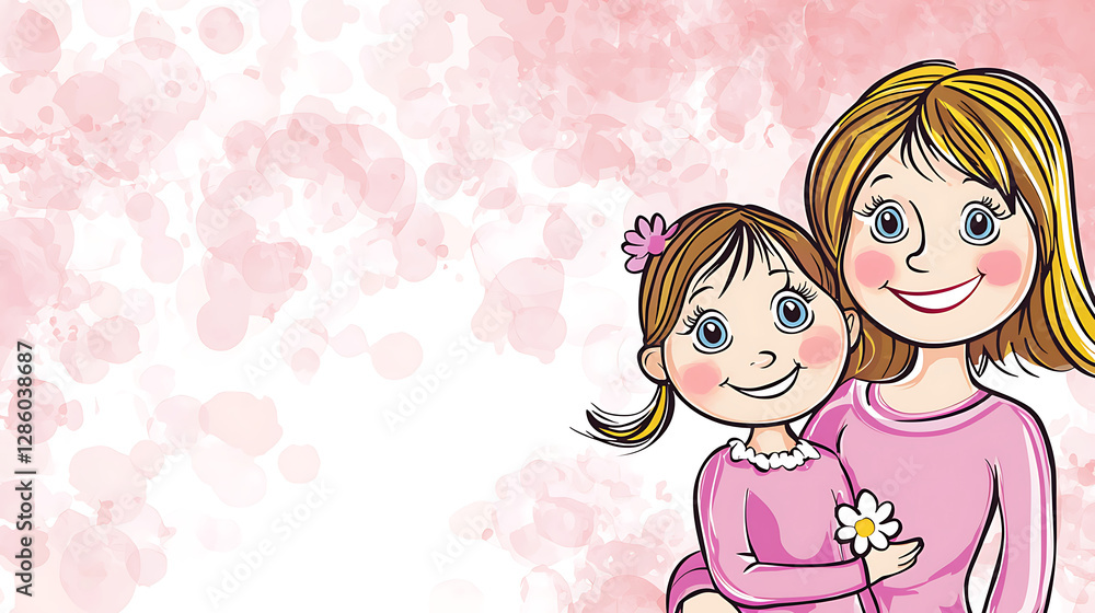 Cartoon mother and daughter, happy embrace, gentle pink background, heartwarming, digital art Cartoon mother and daughter, happy embrace, gentle pink background, heartwarming, digital art