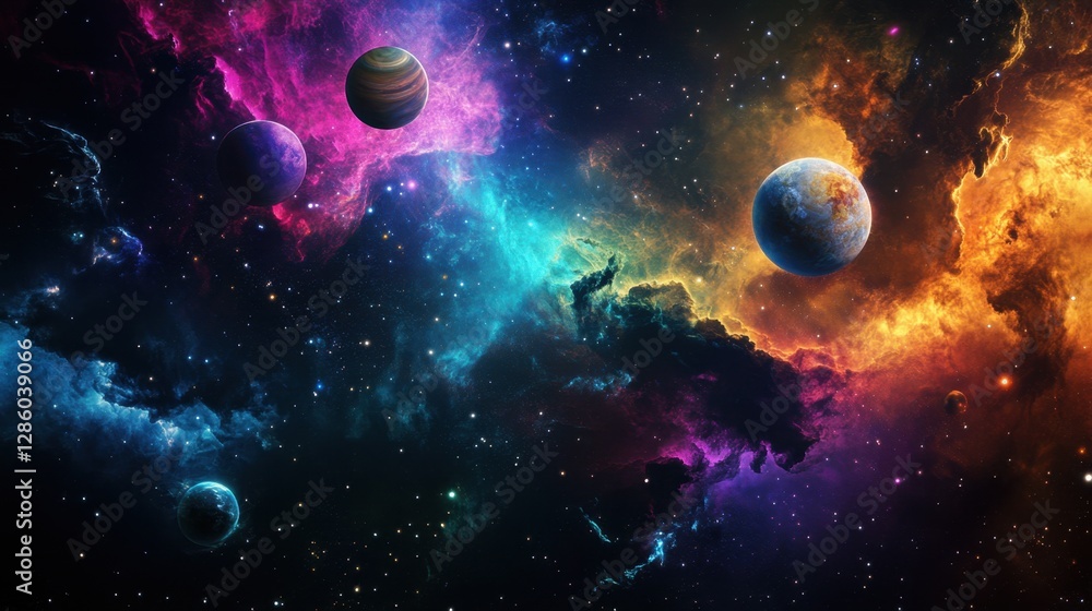 A celestial symphony of planets dancing within a vibrant nebula, glowing with radiant hues A celestial symphony of planets dancing within a vibrant nebula, glowing with radiant hues