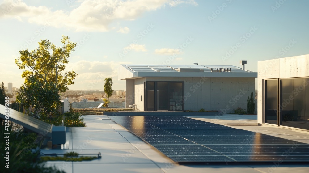 Fototapeta premium Modern Eco-Friendly Rooftop Design with Solar Panels and City Views