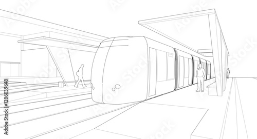 tram at the station sketch 3d illustration