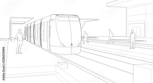 tram at the station sketch 3d illustration