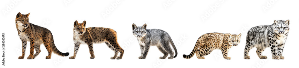 Fototapeta premium Group of five wildcats displaying unique fur patterns and colors side by side