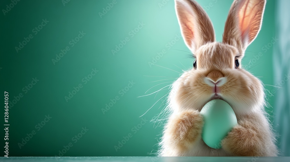 Obraz premium Rabbit is holding an egg in its mouth. The rabbit is looking at the camera with a curious expression. Concept of innocence and playfulness