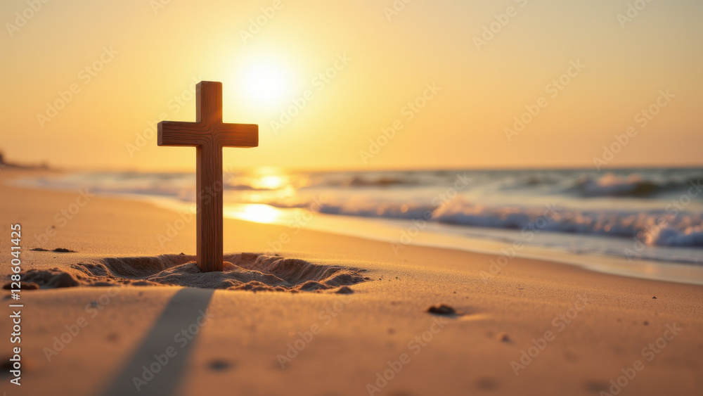 Sunlit beach scene with a cross silhouette on sand. Sunlit beach scene with a cross silhouette on sand.