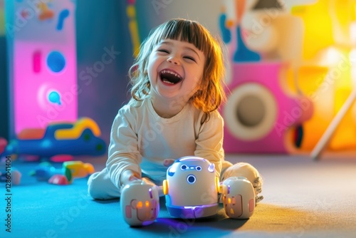 Joyful child plays with a colorful robotic toy in a vibrant indoor playroom filled with soft lighting and playful decor. Generative AI