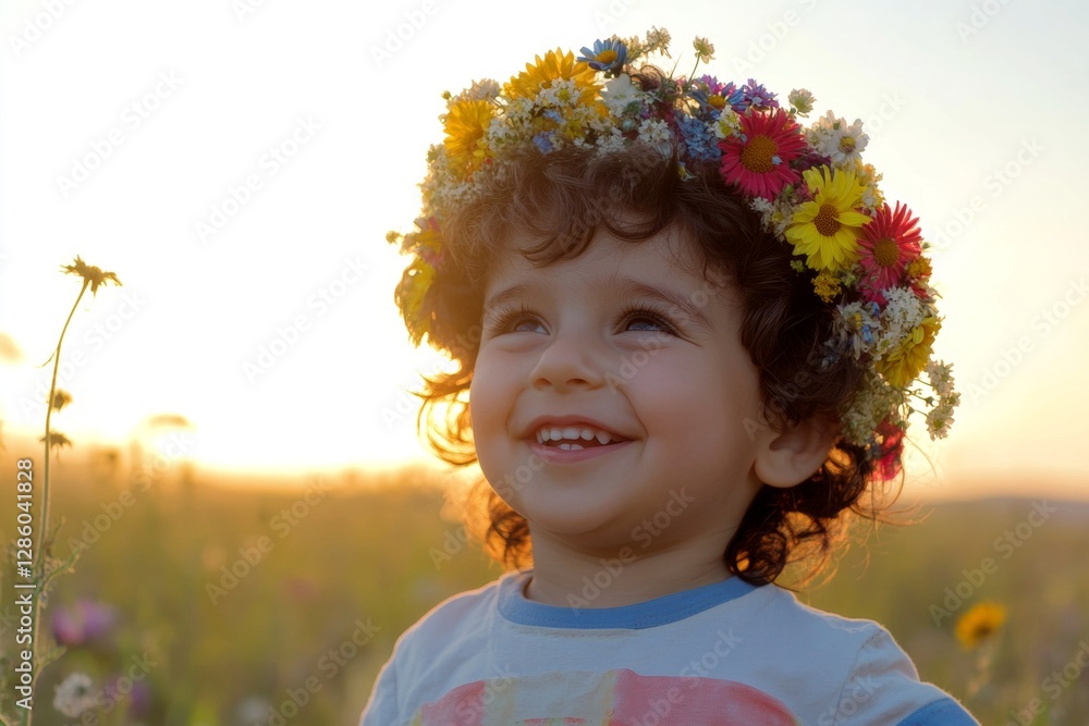 Smiling middle eastern toddler boy with tt hair wearing multi-colored flower crown on his head. Golden hour in sunset. Happy summertime holidays conceptual art. Happy child in summer. Smiling middle eastern toddler boy with tt hair wearing multi-colored flower crown on his head. Golden hour in sunset. Happy summertime holidays conceptual art. Happy child in summer.