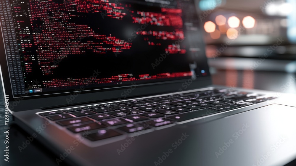 A sleek laptop displaying red coded data on the screen, set against a blurred background of lights, emphasizing a tech-focused environment. A sleek laptop displaying red coded data on the screen, set against a blurred background of lights, emphasizing a tech-focused environment.