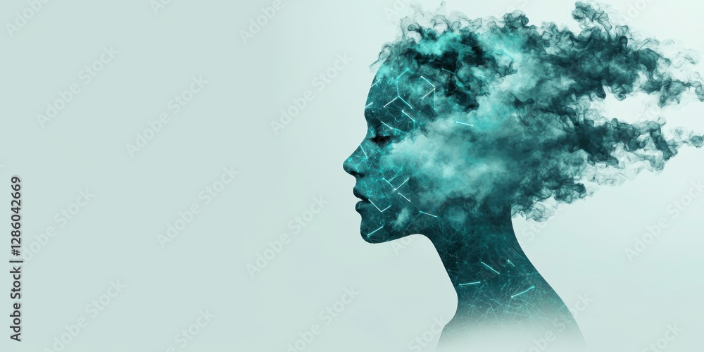 A silhouette of a girl with a textured, cloud-like head, symbolizing creativity and imagination in a serene blue-green color palette. A silhouette of a girl with a textured, cloud-like head, symbolizing creativity and imagination in a serene blue-green color palette.