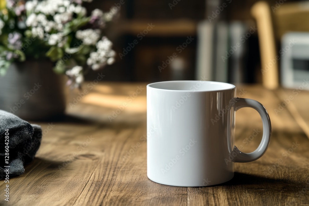 White Coffee Mug on Wooden Table with Flowers in Background White Coffee Mug on Wooden Table with Flowers in Background