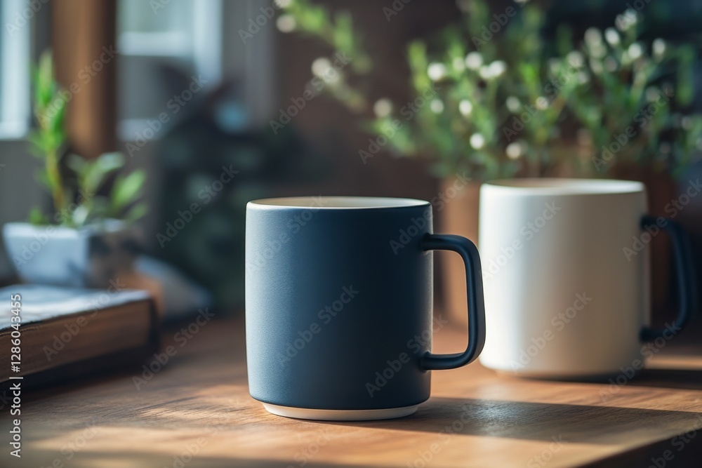 Modern Minimalist Coffee Mugs on a Wooden Table in Natural Light Modern Minimalist Coffee Mugs on a Wooden Table in Natural Light