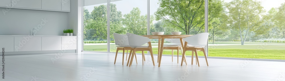 Fototapeta premium Modern dining room, bright, airy, green view.