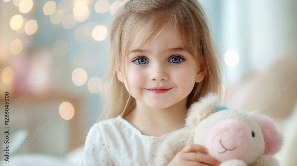 Sweet child with a stuffed animal, smiling softly in a cozy, dreamy atmosphere full of soft lights. Sweet child with a stuffed animal, smiling softly in a cozy, dreamy atmosphere full of soft lights.