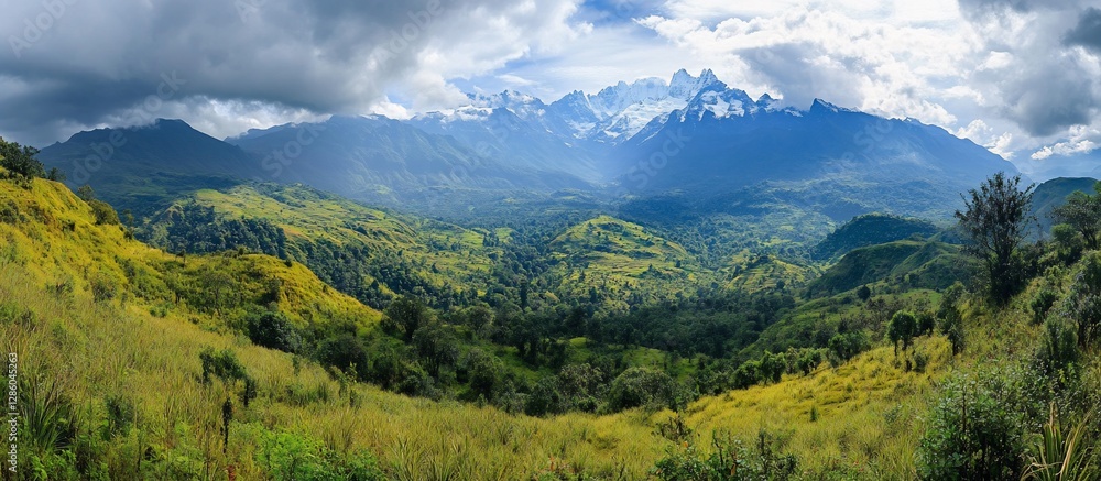 Obraz premium Panoramic view of majestic mountains and lush green valley.