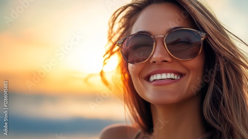 Woman with sunglasses on her face is smiling. She is wearing a tank top and is standing on a beach