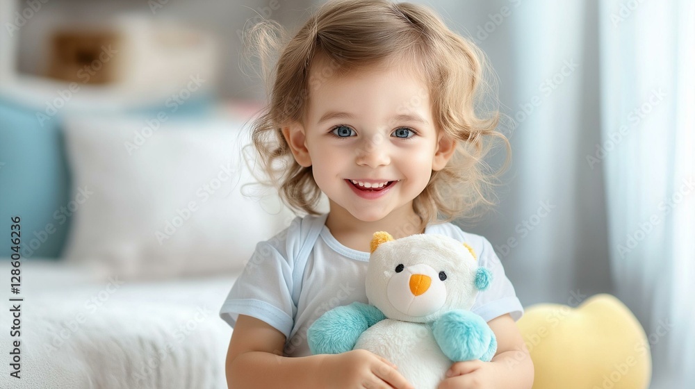 A joyful young child holding a plush toy, radiating happiness and innocence in a cozy, bright setting. A joyful young child holding a plush toy, radiating happiness and innocence in a cozy, bright setting.