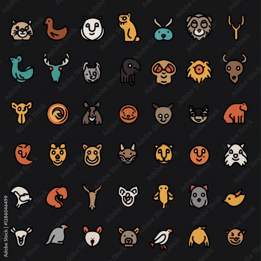 Fototapeta premium Colorful animal icons on dark background, depicting various cute creatures.