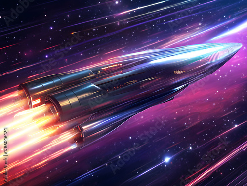 Futuristic spaceship traveling at lightspeed in deep space, sci-fi interstellar travel, cosmic adventure, high-tech spacecraft, advanced space exploration mission
 photo