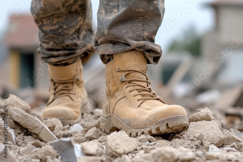 Close-up of soldier's boots walking on rubble, demonstrating military involvement in disaster relief efforts. photo