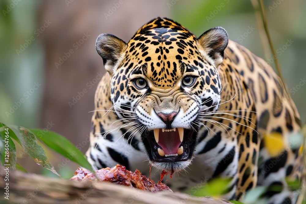A jaguar bares its teeth, displaying aggression while eating a piece of meat, intense stare, focused predator. A jaguar bares its teeth, displaying aggression while eating a piece of meat, intense stare, focused predator.