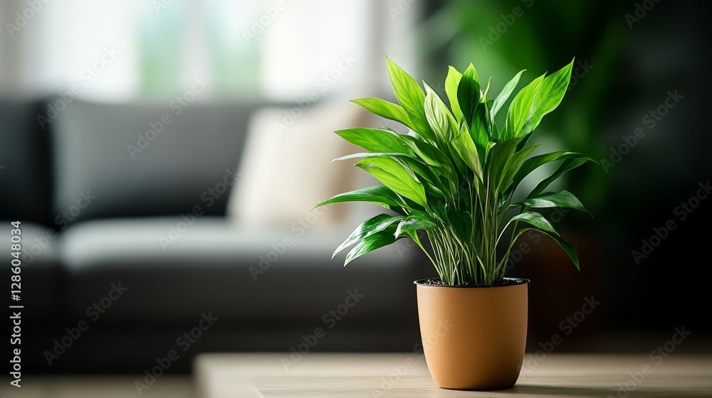 Fototapeta premium Potted plant sits on a table in a living room. The plant is green and he is a palm tree. The room is furnished with a couch and a chair, and there is a window in the background